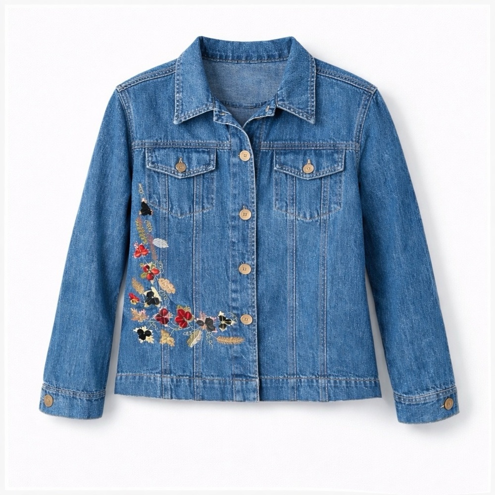 Vintage  Blue Jean Jacket with Floral Embroidery